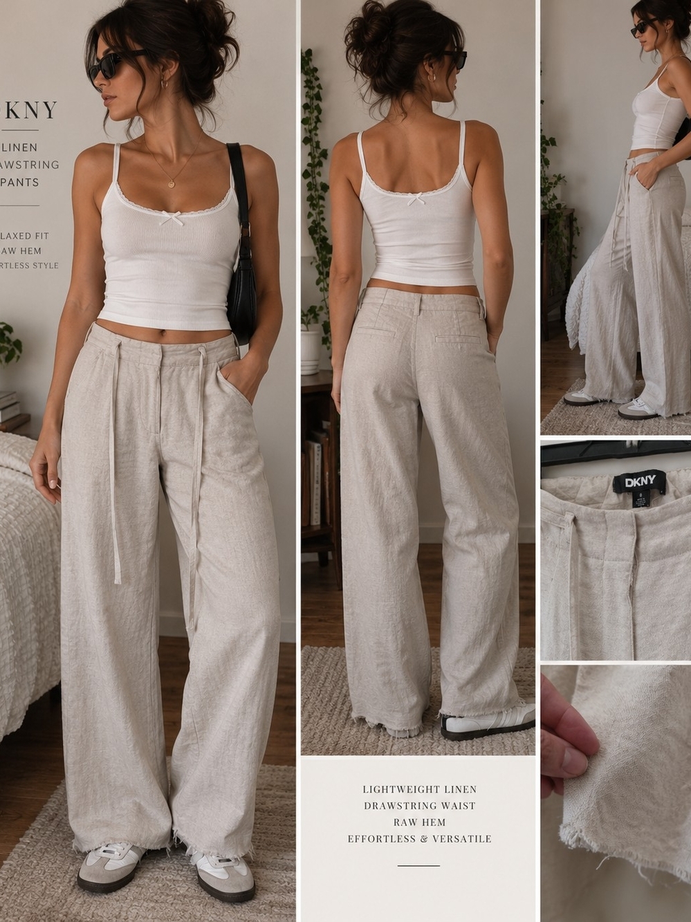 DKNY Wide-Leg Linen Drawstring Pants — Natural Beige Size 8